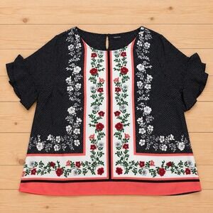 Liz Claiborne Woman 2X Black Polka Dot Floral Border Ruffle Sleeve Blouse[A2]